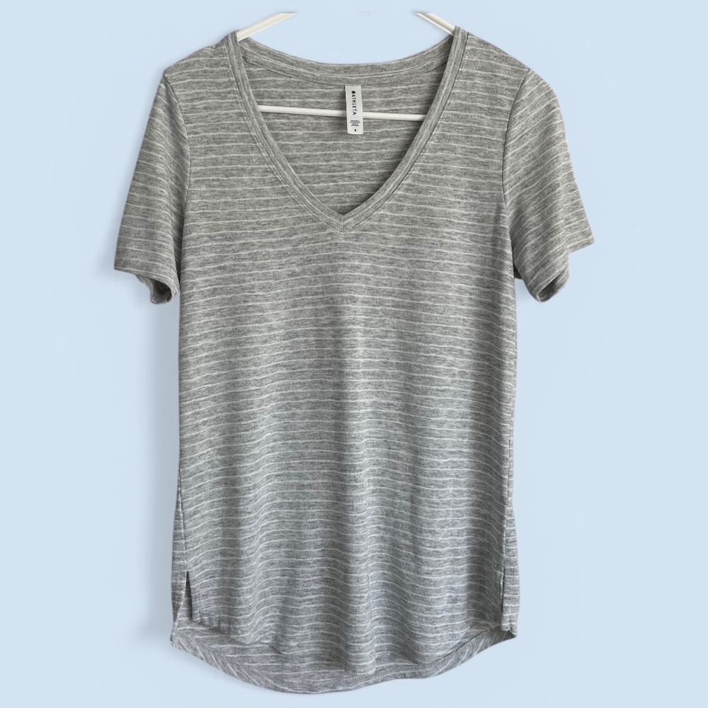 Athleta Gray White Striped V-Neck Short Sleeve Tee Size Small